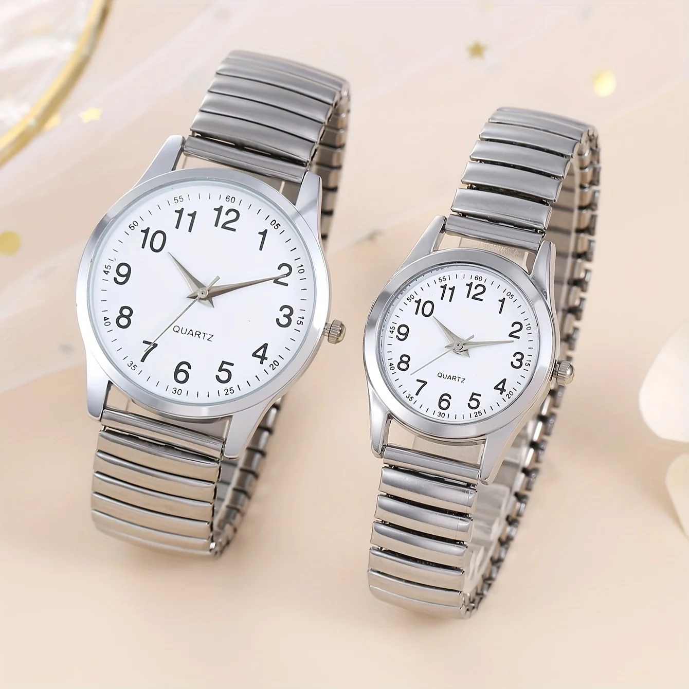 2pcs Simple Digital Steel Band Quartz Watch, Daily Wear Couple Watch