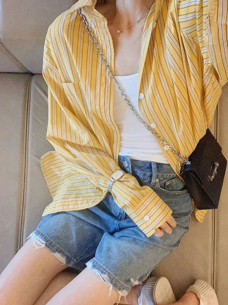 

Желтая полосатая свободная женская рубашка-куртка с длинным рукавом, весна 2026, новинка, в стиле Lazy, с элементами гонконгского стиля, парный топ, для повседневной носки