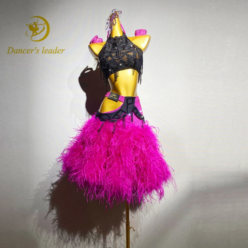 

Latin Dance AB Stone Female Adult Children High end Customized Ostrich Hair Diamond Dress Tango Samba Performance Dress