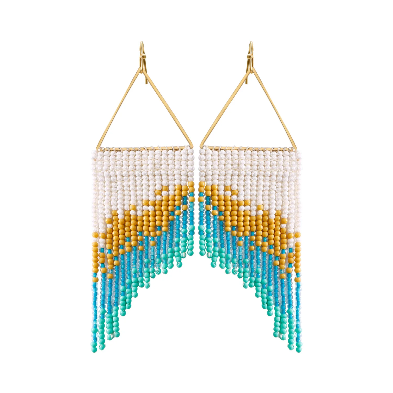 Rice bead earrings Triangle Tassel Originality Gradient Hand knitting Bohemia Alloy Fashion Simple Beaded earrings