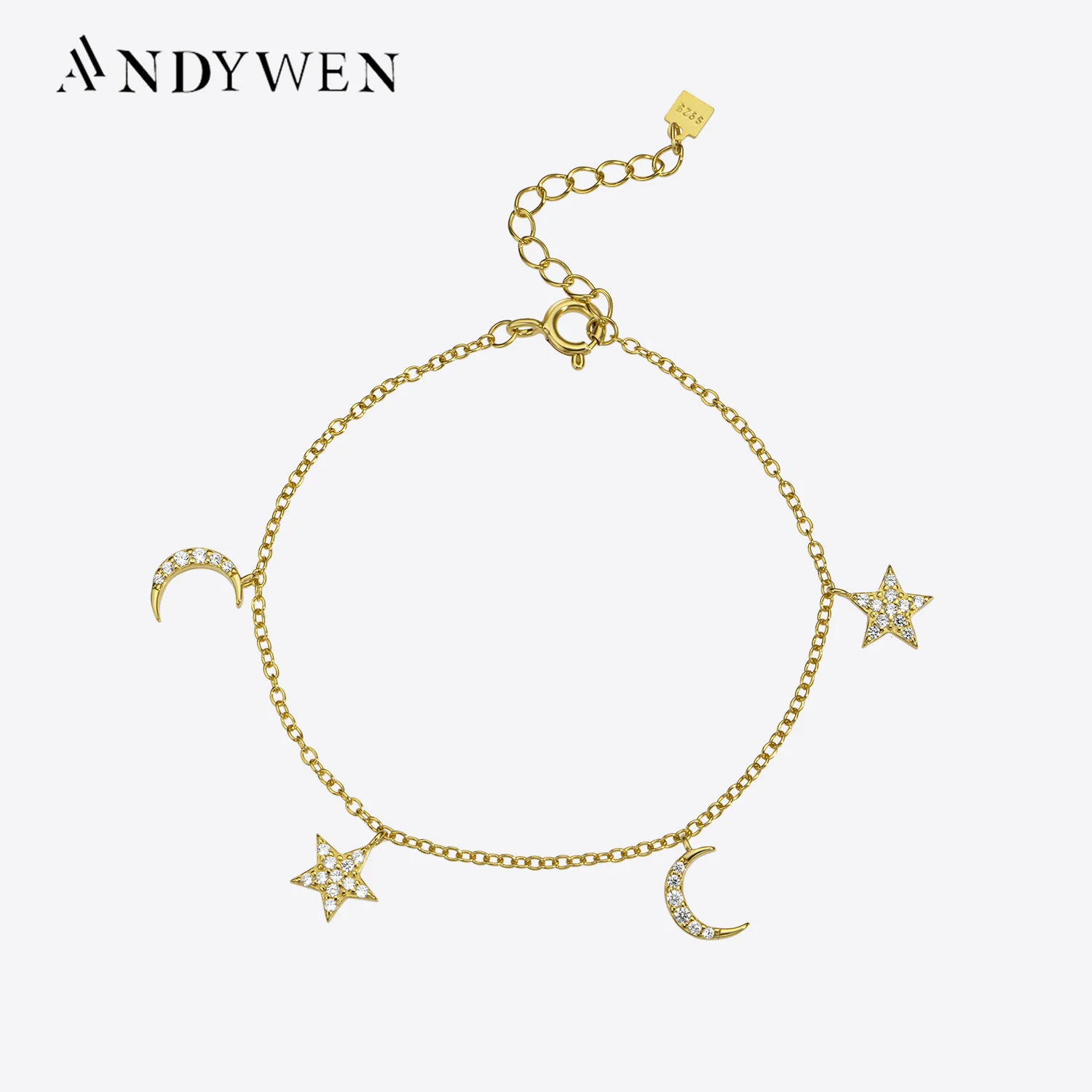 

ANDYWEN 2020 New 925 Sterling Silver Star Moon Charm Bracelet Chain Women Luxury Fashion Jewelry Luxury Crystal Party Jewelry