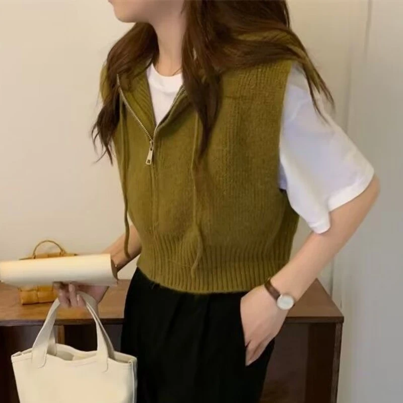 Cropped Hooded Sweater Vests Women BF Harajuku Streetwear Chic Fashion Korean Style Spring Sleeveless Knitwear Students Popular