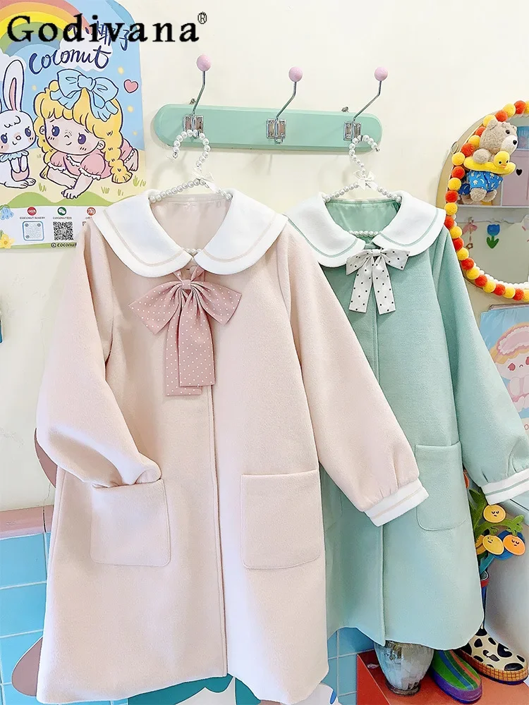 Japanese Style Pink Overcoat Womens Autumn and Winter New Cute Sweet Girls Doll Collar Bow Long A-Line Woolen Jackets Coats