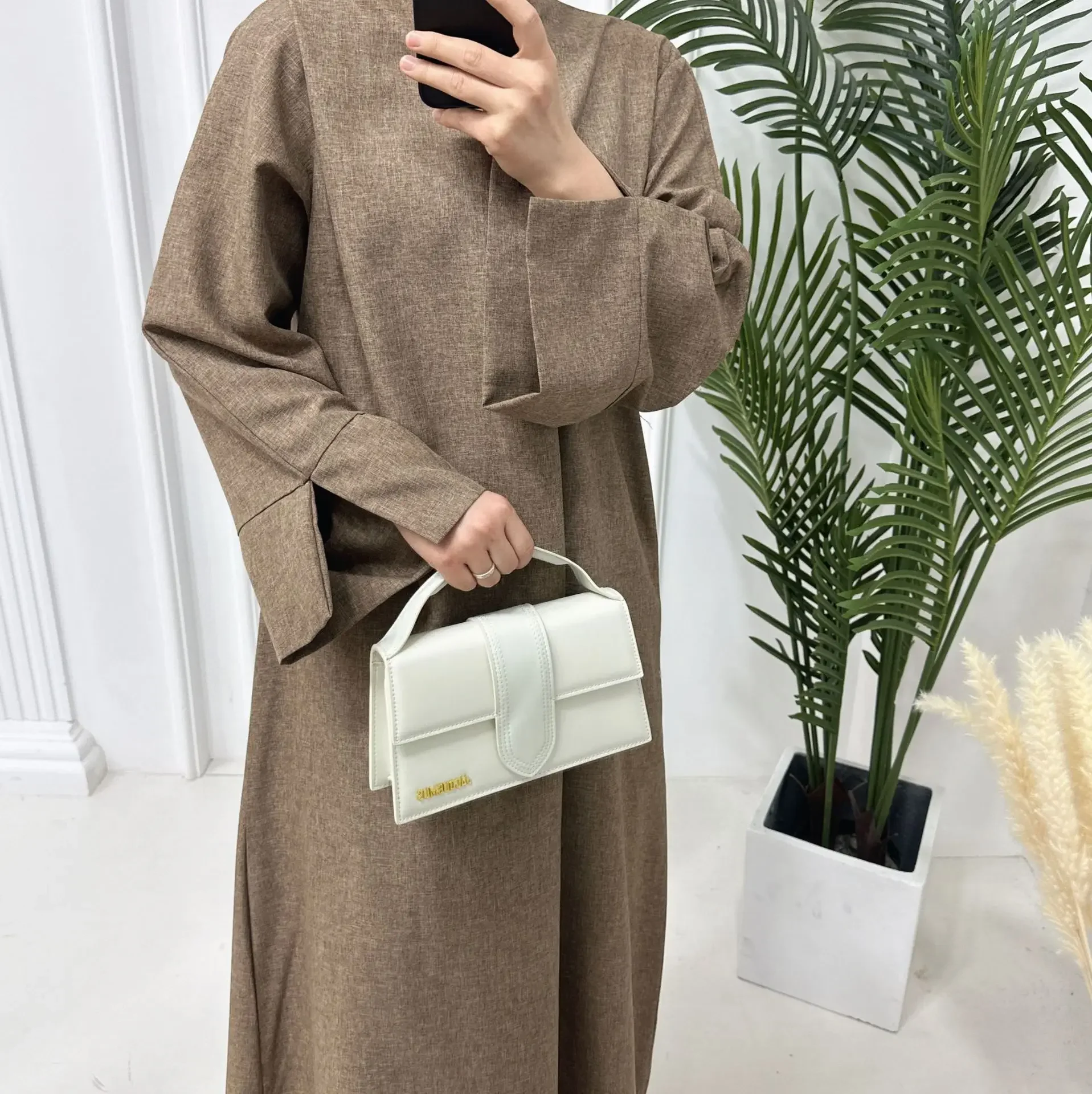 Effen Gesloten Linnen Abaya Luxe Dubai Moslim Hijab Jurk Turkse Basic Abaya voor Vrouwen Saudi Islam Gebed Kleding Casual Kaftan