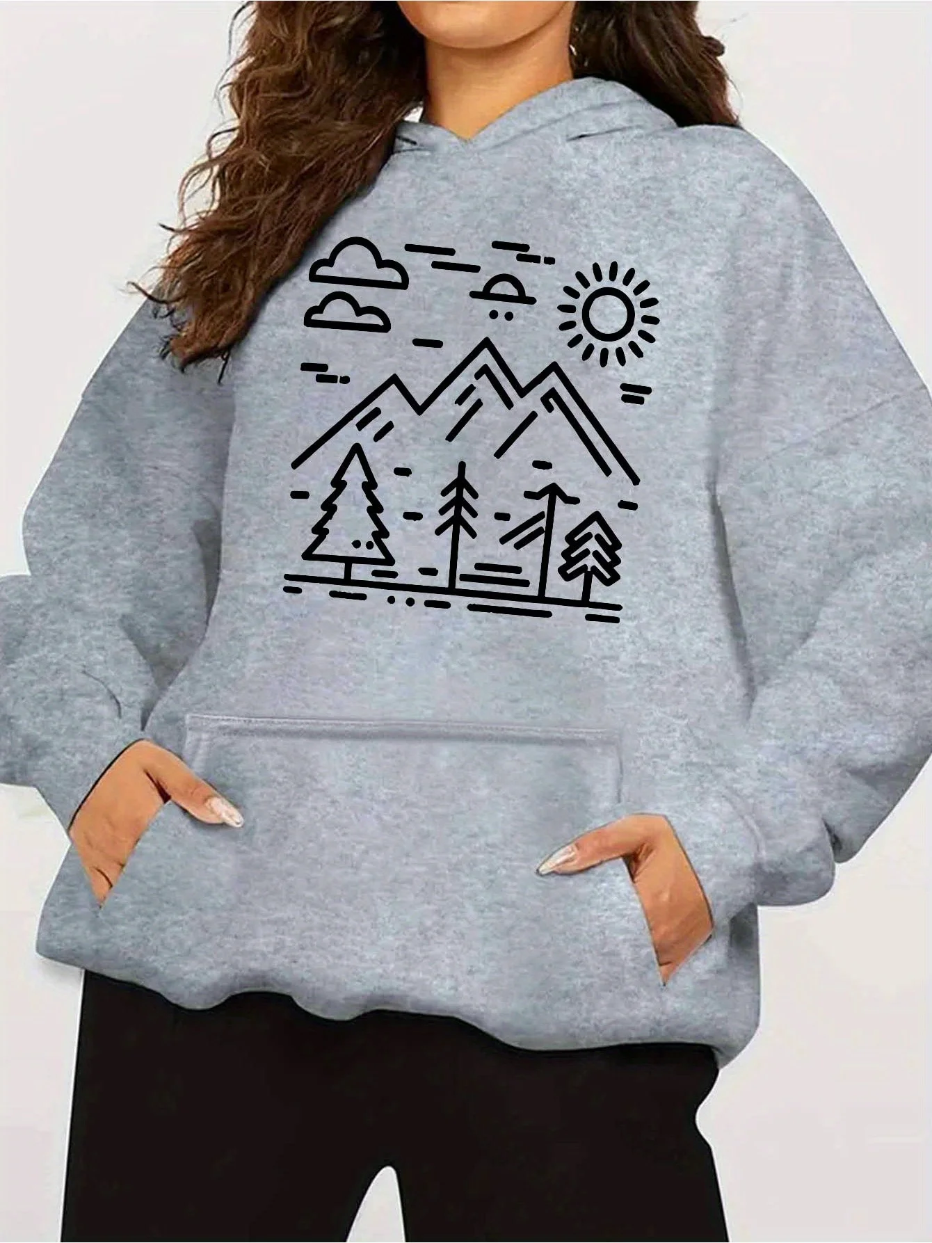 

2025 осенне-зимняя женская толстовка с капюшоном, пуловер с капюшоном, толстовка с видом на горы, повседневный топ, натуральный стиль, модный принт