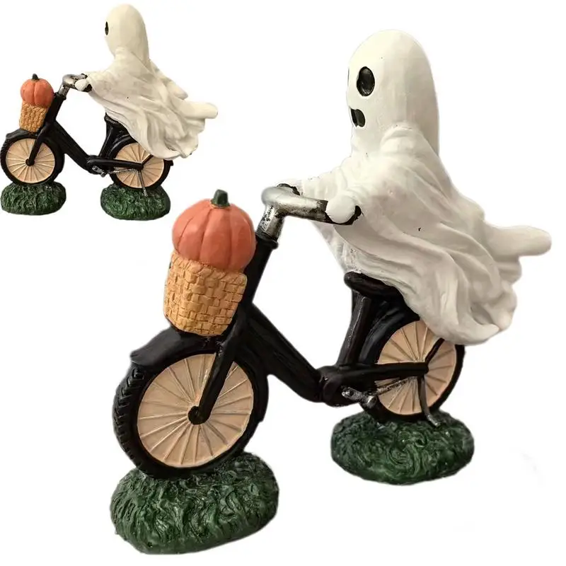 

Ghost Statue Cycling Ghost Tabletop Ornament With Pumpkin In The Basket Halloween Sculpture For Home And Garden Tabletop