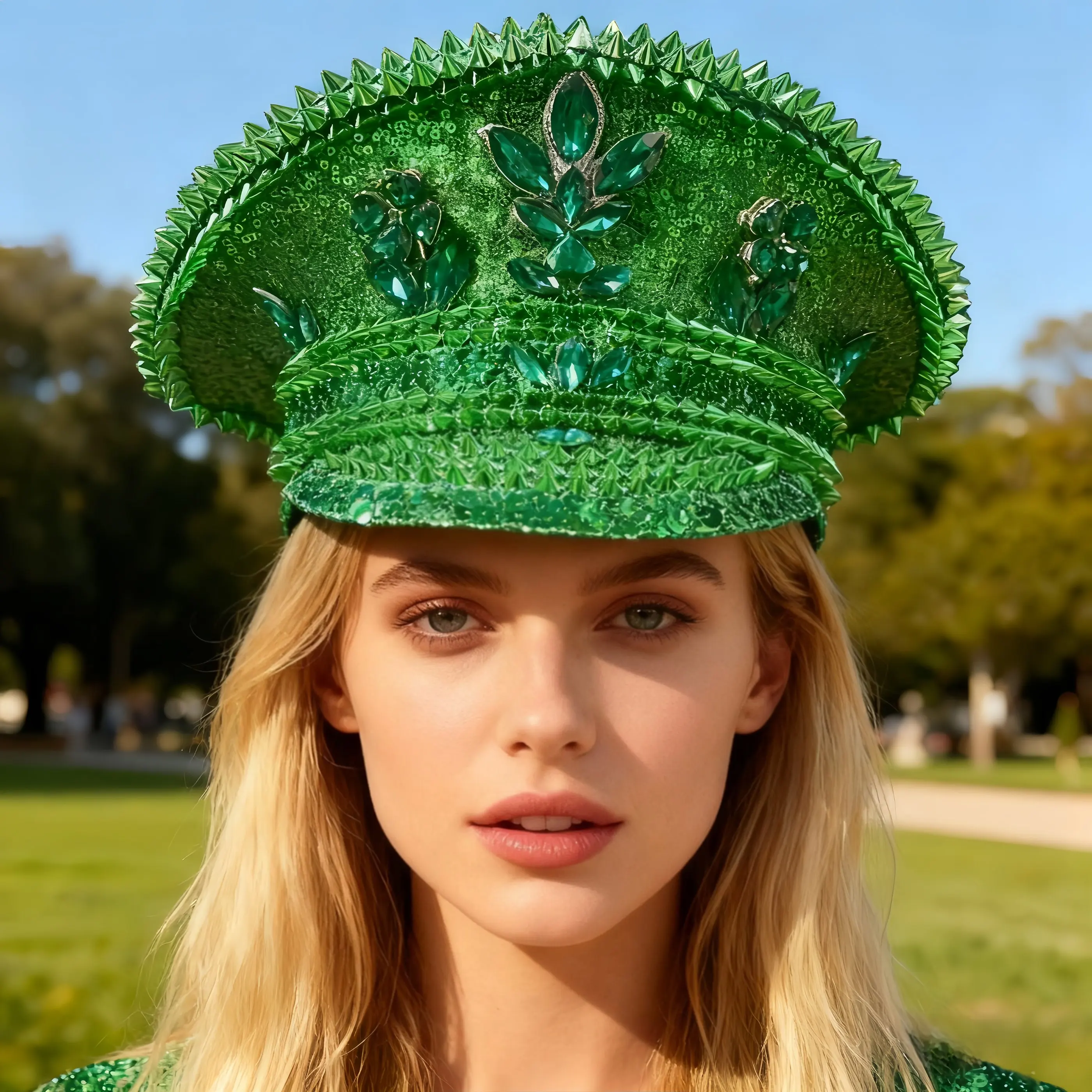 HongLuan Cappello da capitano con anello in pelle laser giallo con strass e berretti militari per donna, accessori per festival rave e berretto da festa da uomo