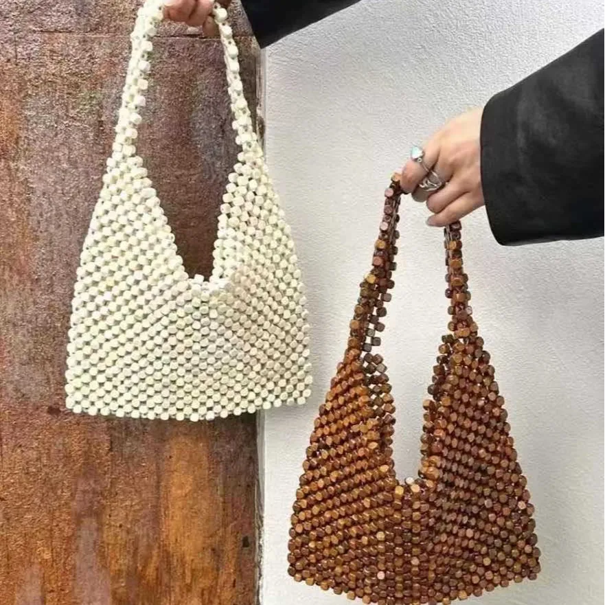 Vintage wooden beaded tote bag 2026 new large capacity woven shoulder bag summer beach tote bag