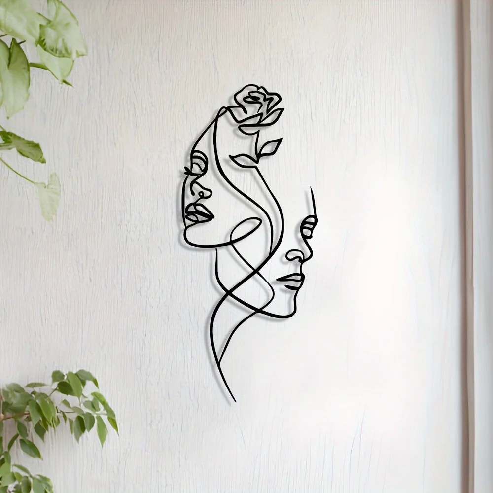 Wall Sculpture: 1 Piece Elegant Abstract Rose and Female Face Metal Wall Art - Stylish Iron Home Decor, Suitable for Living Room, Bedroom, Dining Area, Bathroom - Stylish Indoor/Outdoor Wall Hanging, Perfect Gift, Beautiful Room Decoration
