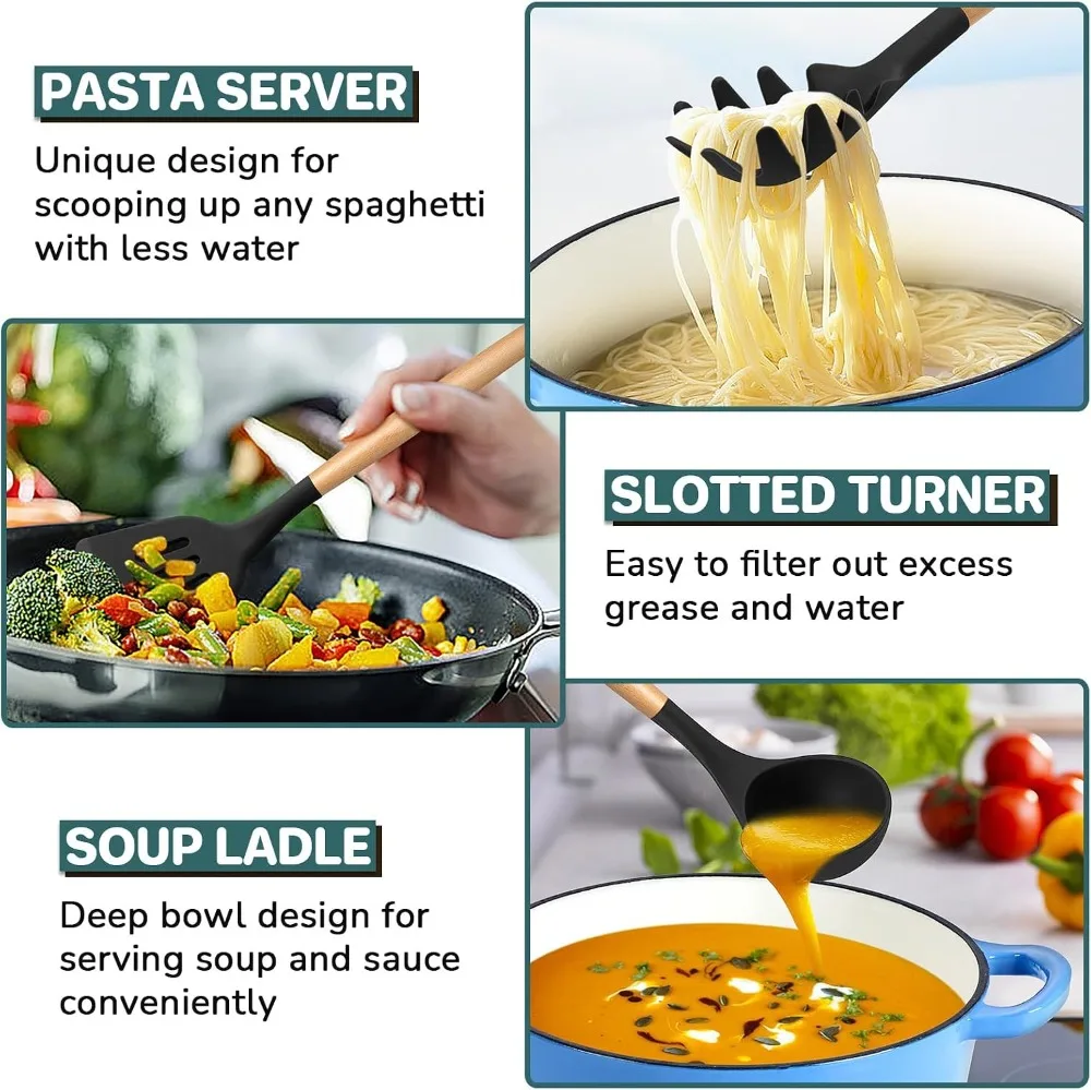 7-Piece Silicone Kitchen Utensils Set with Wooden Handles, Heatproof Cooking Tools for Turning, Mixing & Serving, Non-Stick Safe Black view 5