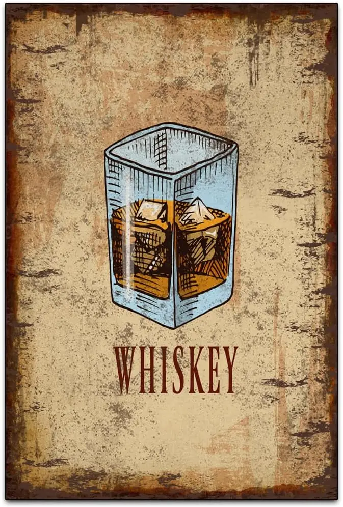 Funny Retro Classic Wall Decoration - Bar ​Metal Signs Artwork - A Glass of Chilled Whiskey- Original Vintage Design Tin Metal W