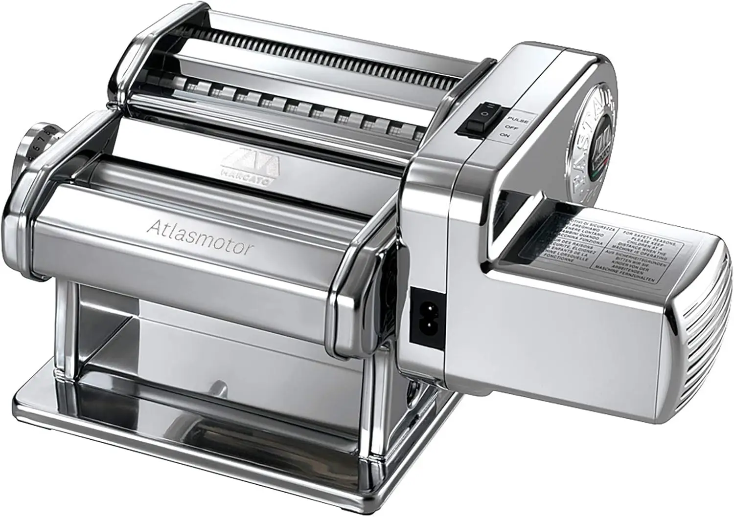 Made in Italy Atlasmotor 110V Electric Pasta Machine, Chrome Steel. Set includes Atlas 150, handcrank, clamp