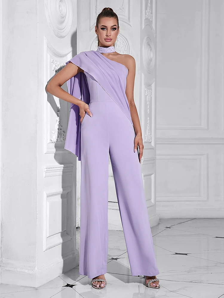 Sexy Halter Neck One Shoulder Draped Jumpsuit Women Purple Sequins High Waist Jumpsuits Long Pants Elegant Evening Party Runway