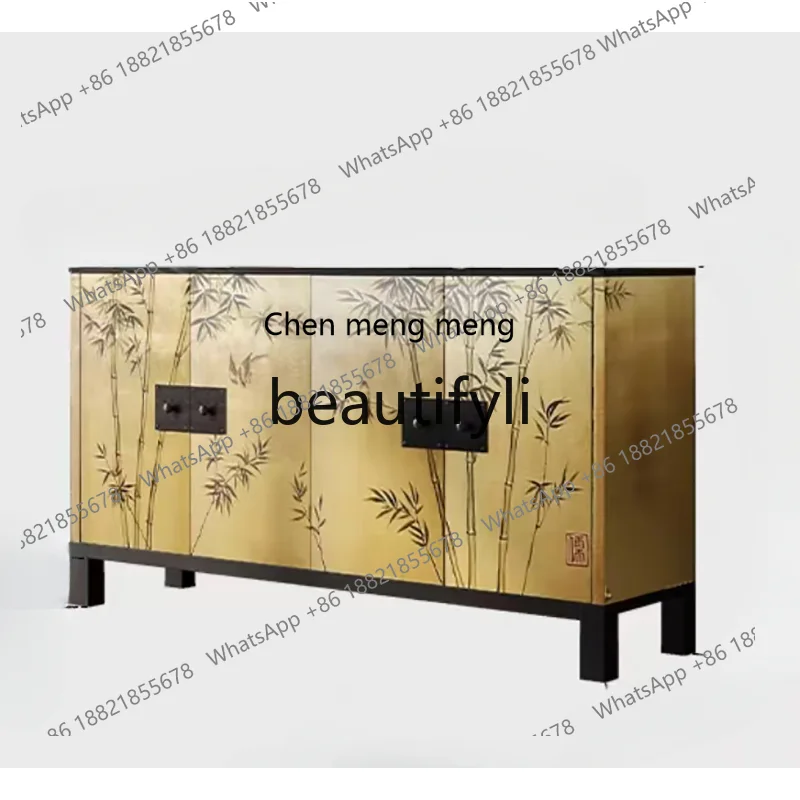 

Solid wood side cabinet retro living room locker hand-painted gold foil storage side cabinet H