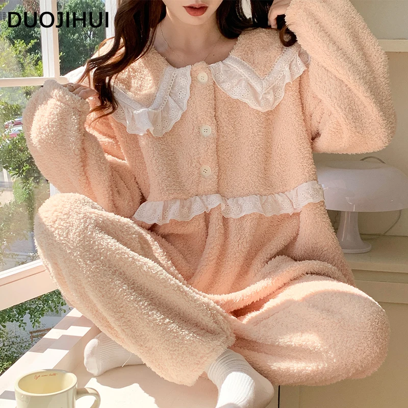 DUOJIHUI Korean Style Loose Sweet Chicly Lace Female Pajamas Set Winter Thick Warm Soft Simple Casual Fashion Pajamas for Women