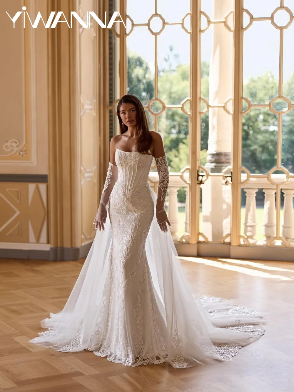 

Ivory Beaded Wedding Dress Without Gloves Elegant Strapless Mermaid Bridal Gown Customized Luxury Floor-length Dresses For Bride