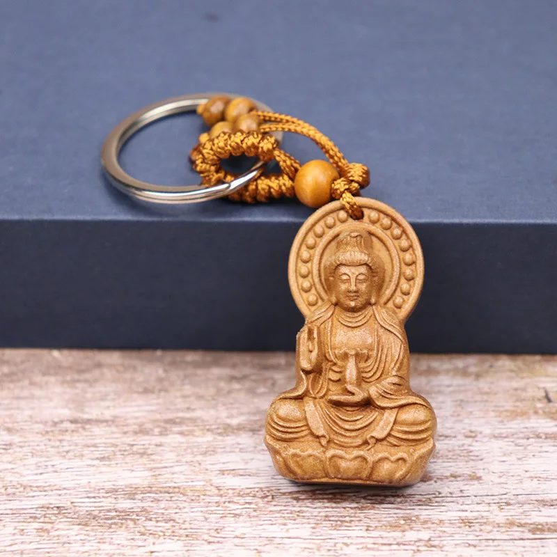 Religion Natural Wood Three-dimensional Engraving Buddha Keychain For Girls Men Fashion Women Jewelry Lucky Key Ring Chains New