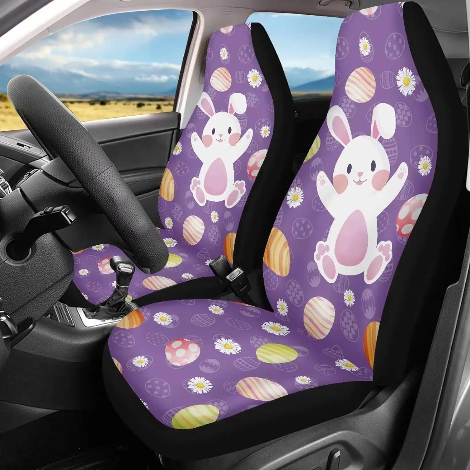 Purple Easter Rabbit Egg Car Seat Covers for Women Men Vehicle Front Cushion Durable Non Slip Spring Day Car Interior Decoration