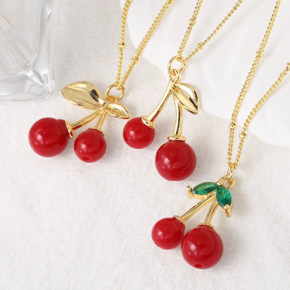 FLOLA Exquisite Red Cherry Necklaces for Women Copper Gold Plated Fruit Jewelry Girlfriend Gifts nkeb750