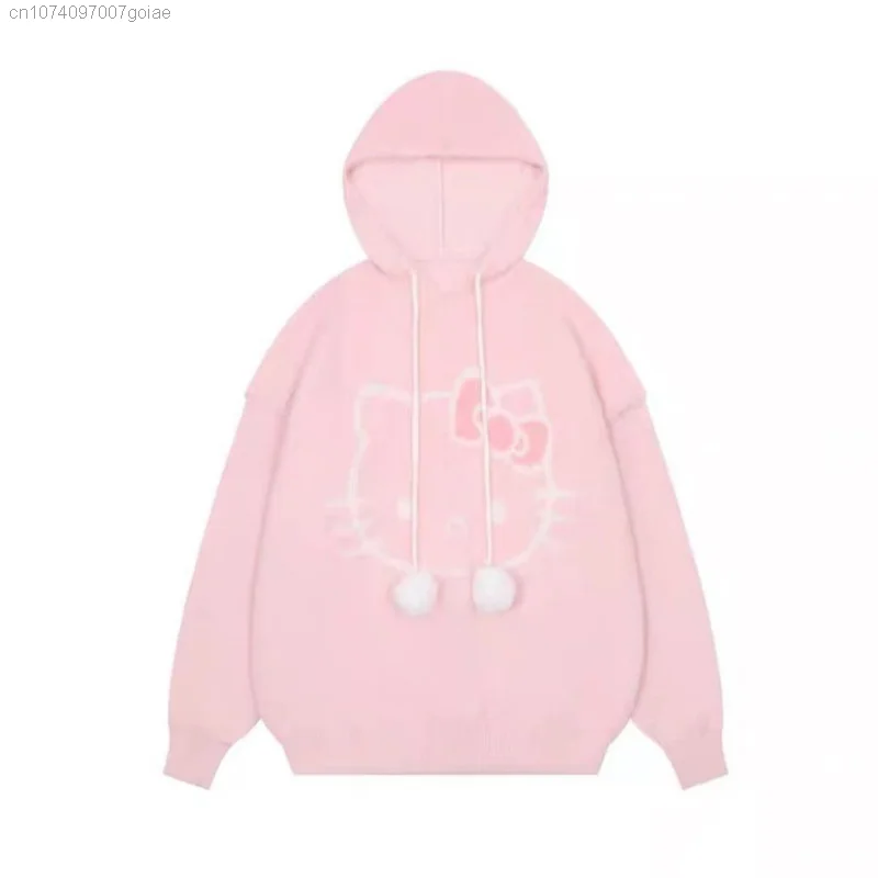 Sanrio Hello Kitty Sweet Patchwork Sleeve Hooded Sweater Damski żakardowy jesienny luźny luźny pulower Student Dzianinowe bluzy z kapturem