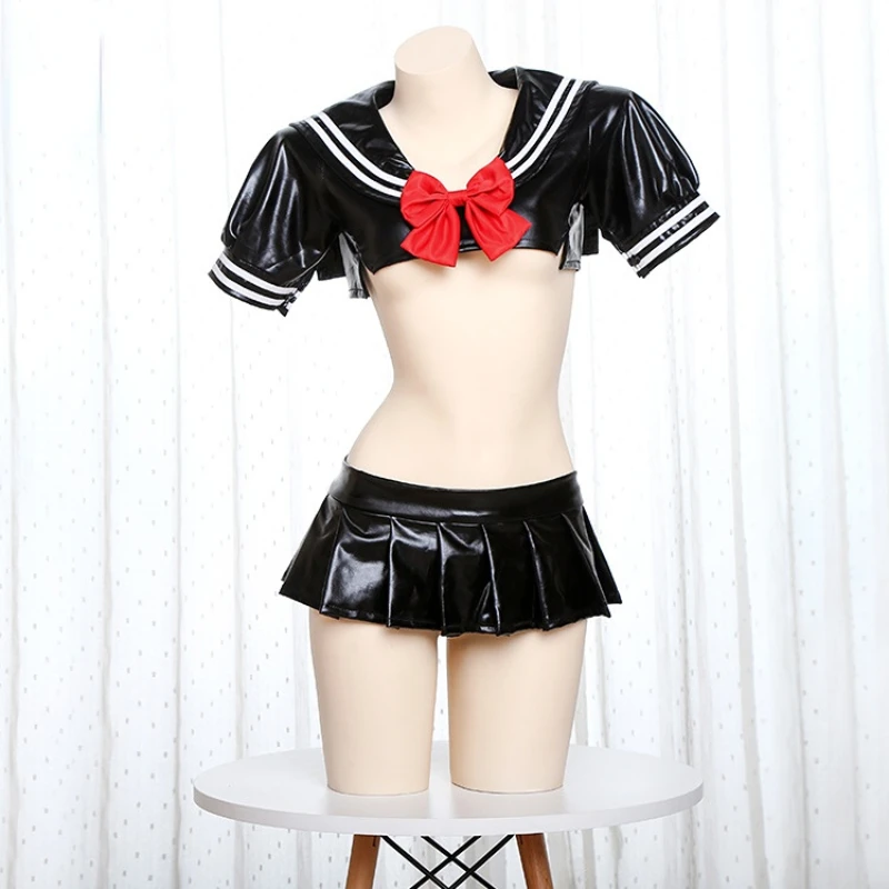 Anime Pu Leather Sailor Suit Cute Female Student Uniform Japanese Bow Sweet Girl Costume Cosplay Mini Skirt Set Out Outfits