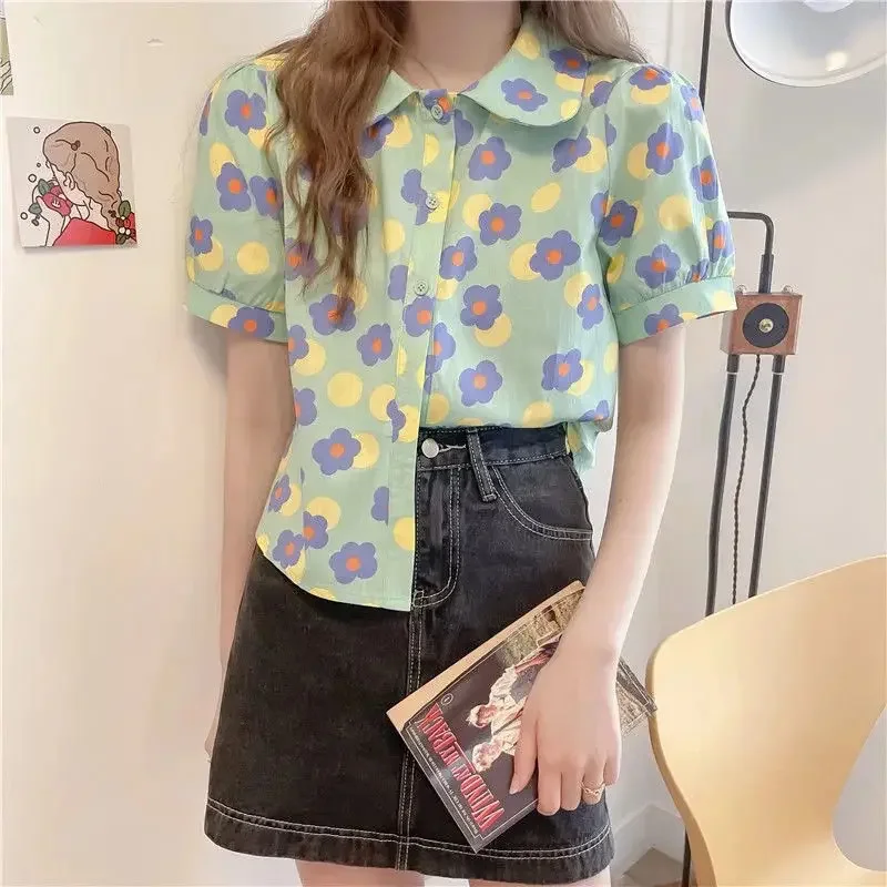 Women Summer Korean Casual Printing Chiffon Loose Polo-Neck Short Sleeve Blouse Women Clothes Sweet All-match Floral Top Tee