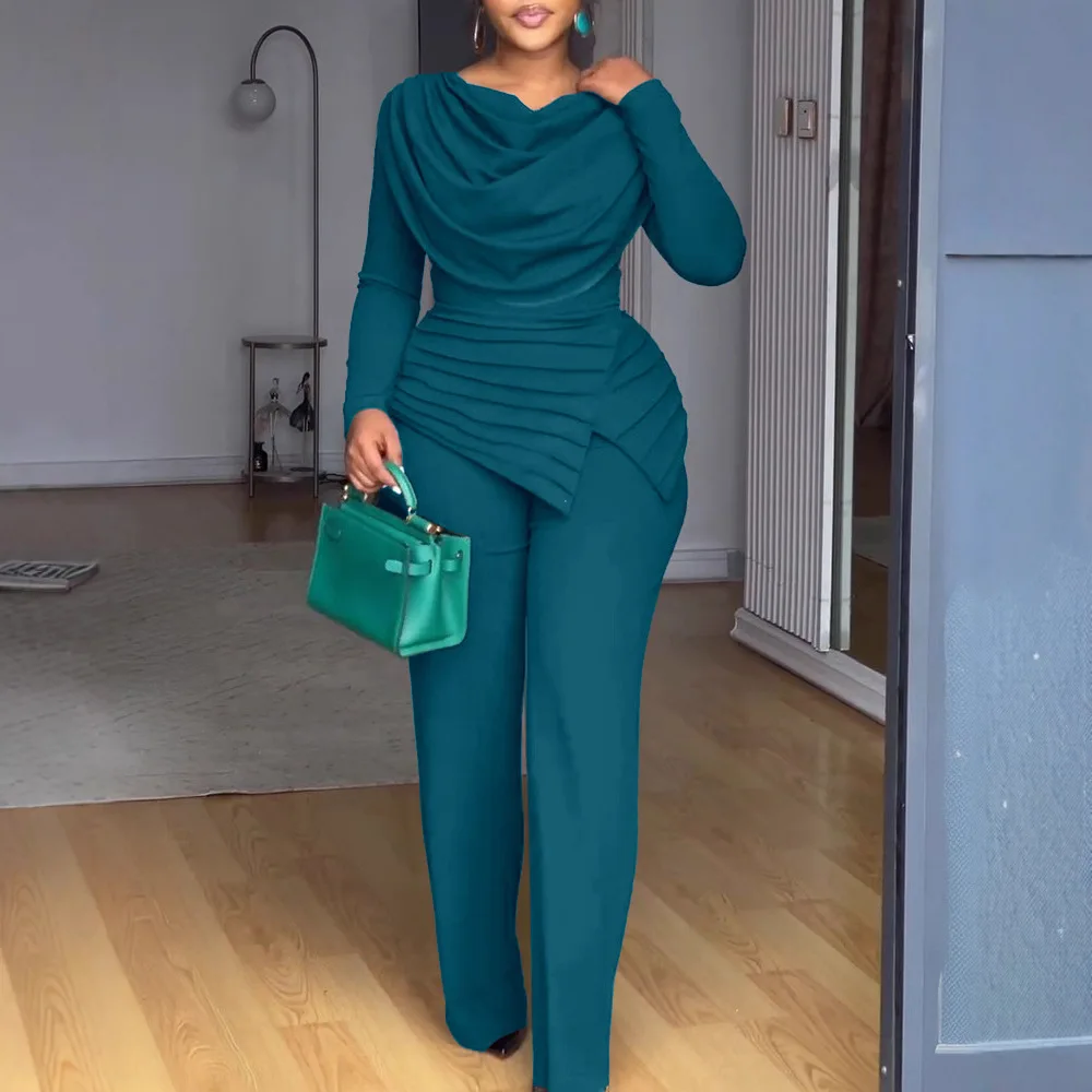 2025 Swing Collar Ruched Jumpsuit Long Sleeve Solid Elegant Office Lady Asymmetric Hem Casual Vintage Ruched Slim Autumn