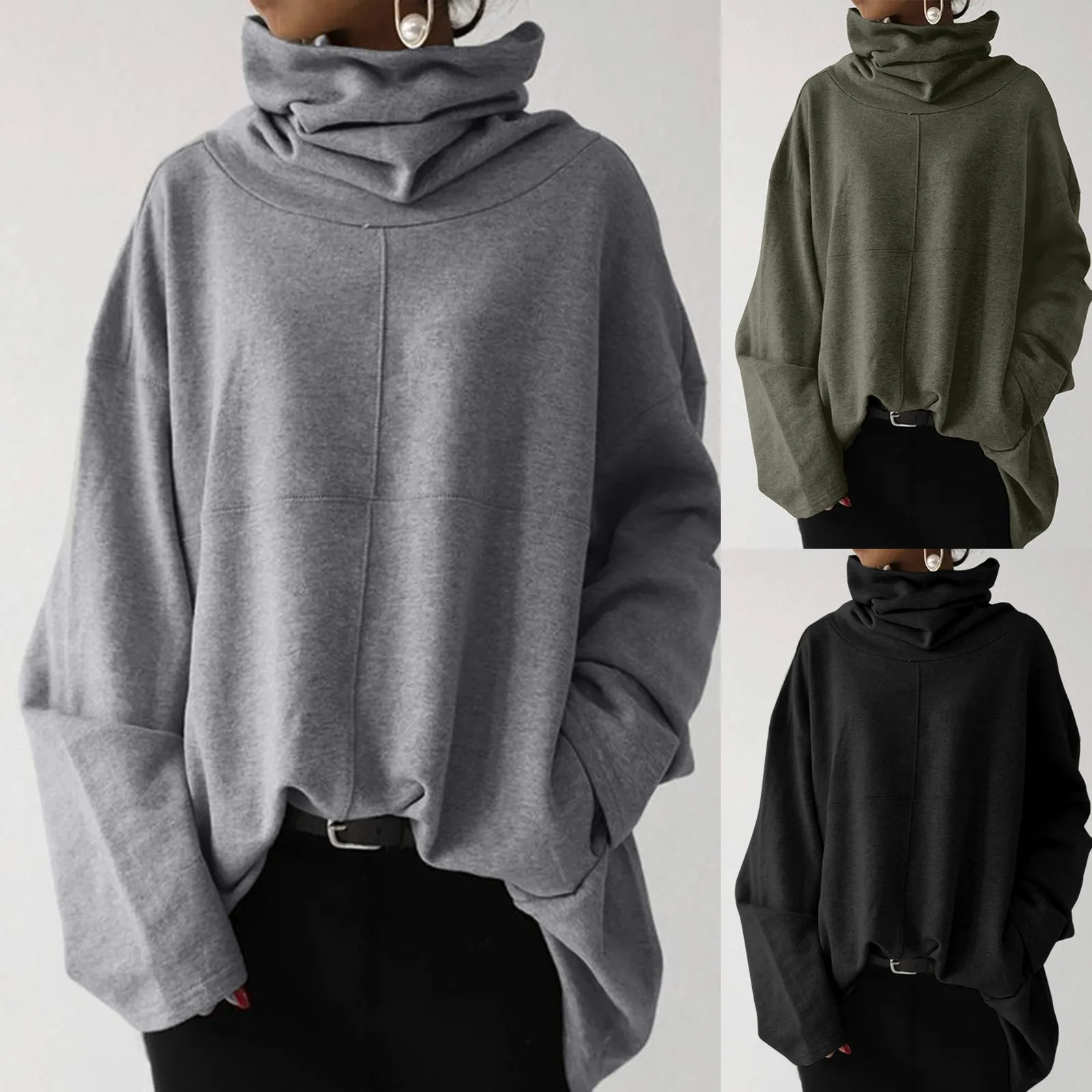 2024 Women Sweatshirt Black Turtleneck Long Sleeve Pockets Loose Hoodies Female New Autumn Trendy Casual Sweatshirt Pocket Top