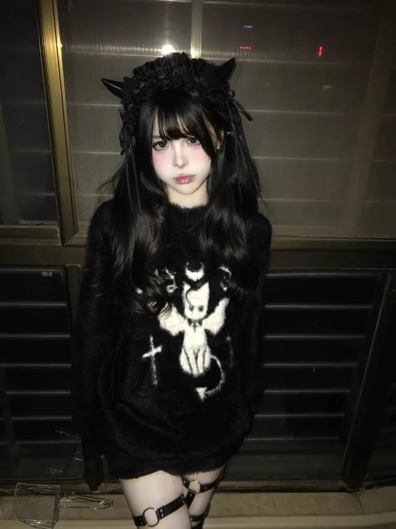 

Black Faux Mink Fur Devil Cat Round Neck Sweater Sueter Mujer Grunge Subcultural American Streetwear Punk Knit Tops