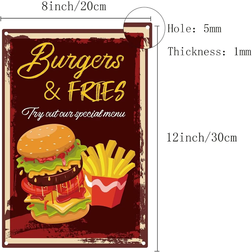 Burgers & Fries Sign Metal Tin Signs Vintage Retro for Plaque Poster Bar Pub Garage Fast Food Cafe Home Wall Decor making kit