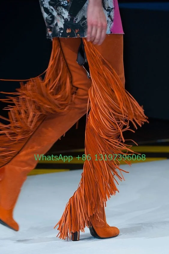 Lady Suede Pointed Toe Side Zipper Thigh Boots Fringe Design T  Show Solid  High Heels Dress Runway Orange Boots   Large Size 46