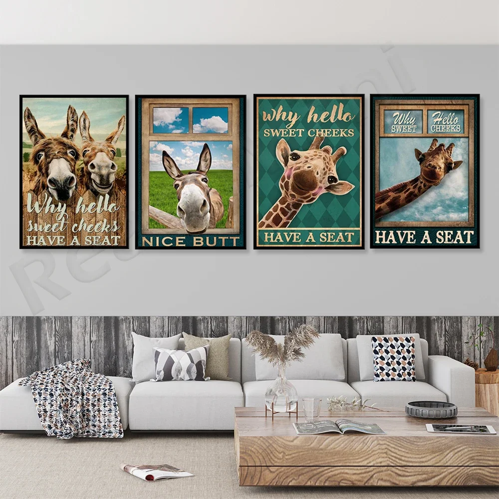 Giraffe Poster-Donkey Poster-Why Hello Sweet Cheeks Have Seats, Retro Giraffe Wall Art, Interesting Bathroom Decoration, Animal
