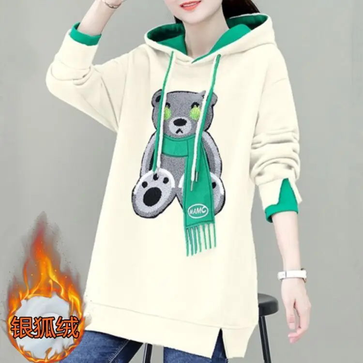 

Thick and Fashionable Cartoon Hooded Sweatshirt with Added Fleece Women's Thick and Loose Top Casual and Versatile Jacket