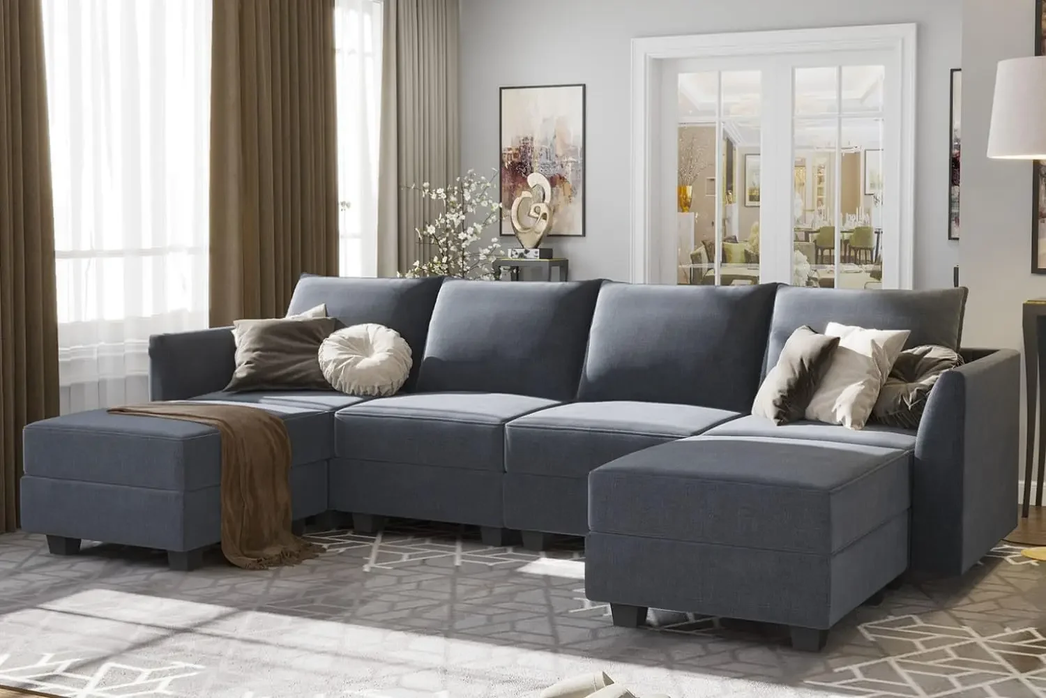 Sofa bagian Modular berbentuk U Sofa dengan Sofa Modular kursi bolak-balik dengan tempat penyimpanan, abu-abu kebiruan