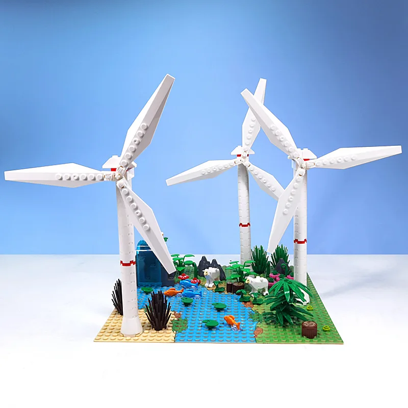 Wind Power Station Scene MOC Building Blocks Toys Bricks Kits Forest River Floor Parts Animal Fish Windmill Compatible With LEGO