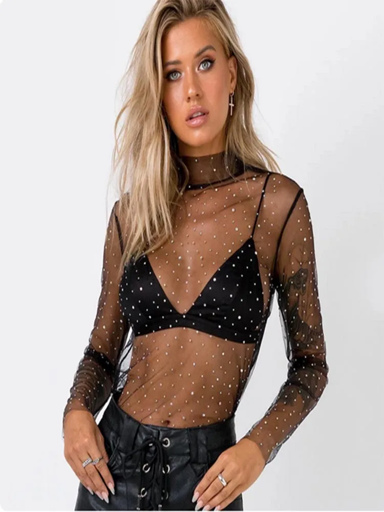 2024 New Women Sexy Mesh Perspective Top Long Sleeve Simulated Neck Shine Rhinestone Fashion T-Shirts Summer Beach Everyday Wear