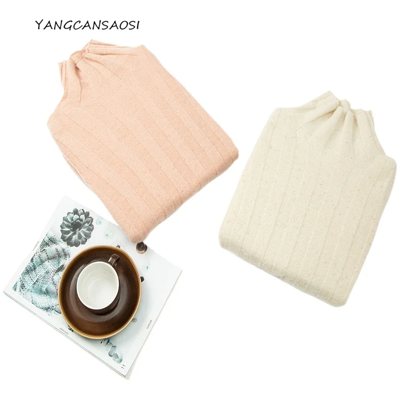 

Women's Fashion Autumn/Winter New High Neck 100% Cashmere Seamless Gold Wire Pit Strip Pullover Loose Top Warm Knit Base Sweater