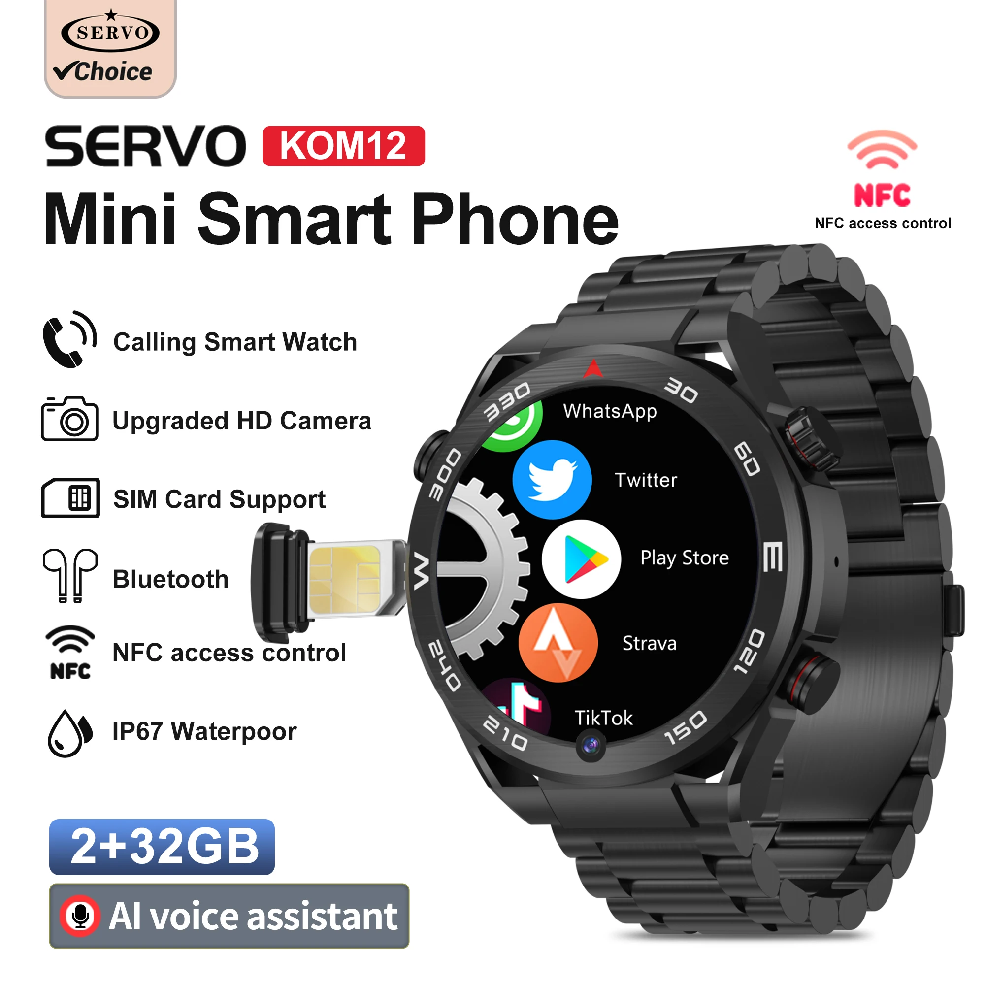 SERVO KOM12 Sport 4G Smart Watch Phone One SIM Standby Waterproof Outdoor Heart Rate Play Store Android OS Smartwatch Cellphones