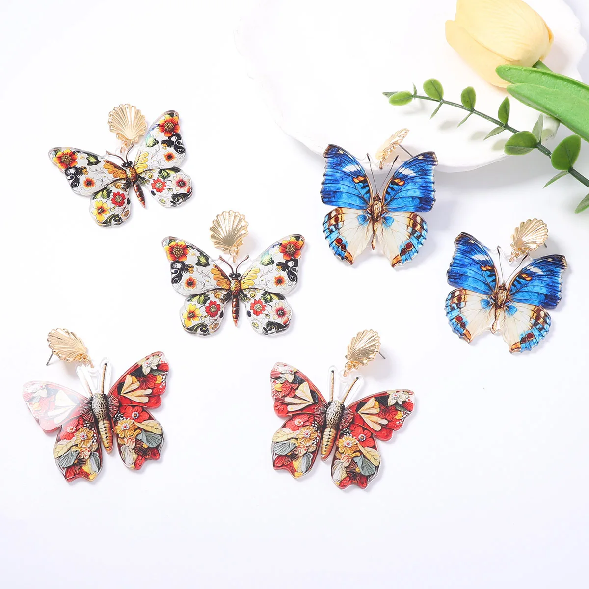 Vintage Colorful Butterfly Dangle Earrings for Women Hand‑Printed Flower Drop Earrings Bohemian Party Statement Jewelry Gift