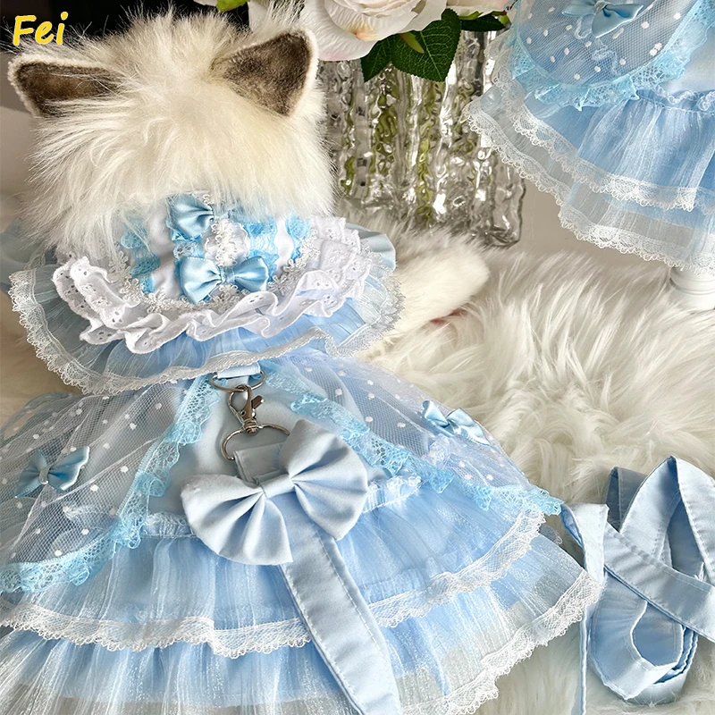

Handmade Seersucker Dog Dress Lightweight Birthday Outfit for Maltese Bichon Cats Cute Original Design Small Pet Coat