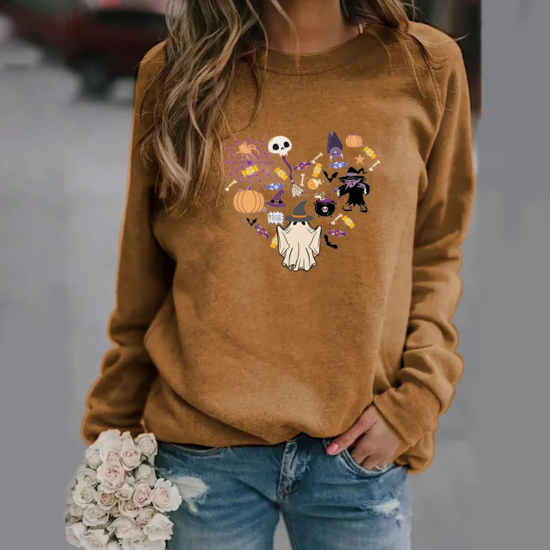 New Personalized Creative Halloween Graffiti Pullover Heart Halloween Harajuku Long Sleeve Round Neck Sweatshirt Tops Women's