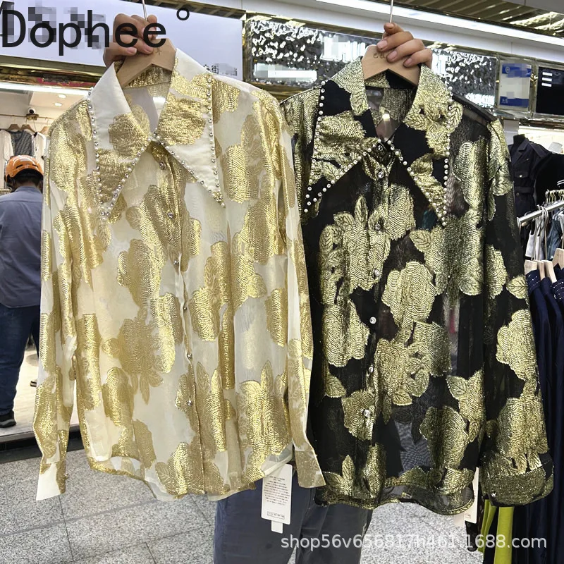 

Luxury Diamonds Beads Gold Flowers Long Sleeve Blouses Fashion Single-breasted Loose Cardigans Top Elegant Lady Party Shirts