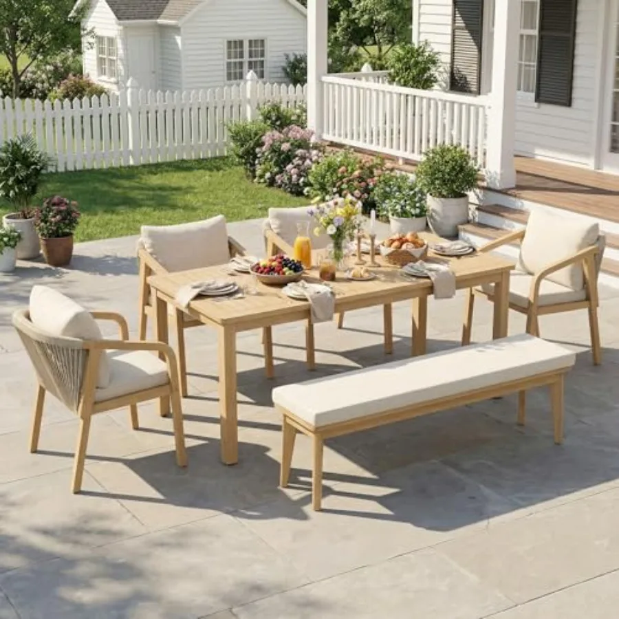 

6 Pieces Acacia Patio Dining Set for 6, Patio Dining Table and Chairs Set with Cushion, Modern Outdoor Dining Furniture Set for