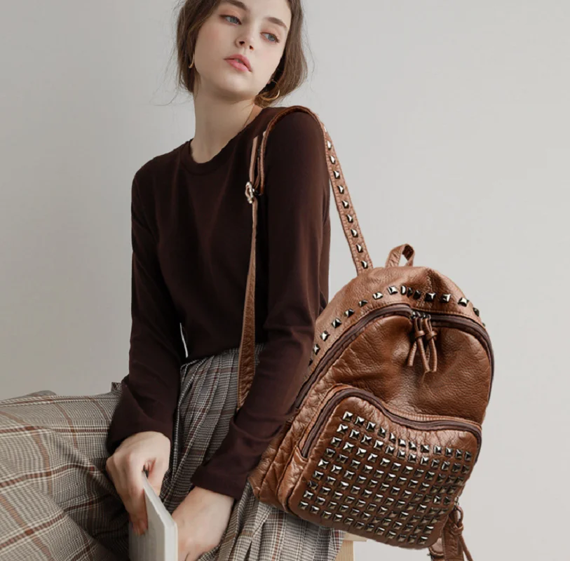 Korean Luxury Women's High Quality Leather Travel Backpacks Fashion Rivet Designer Double Zipper Shoulder Bags Crossbody Bag