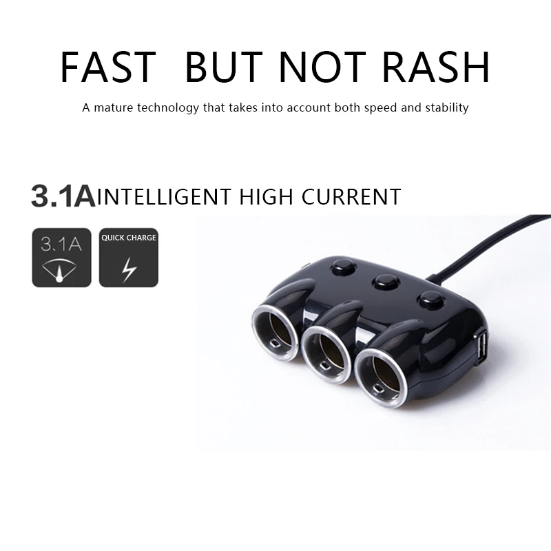 Cigarette-Lighter Adapter, 3-Socket Car Cigarette-Lighter Splitter DC 12V/24V Dual USB Car Charger Adapter -Black