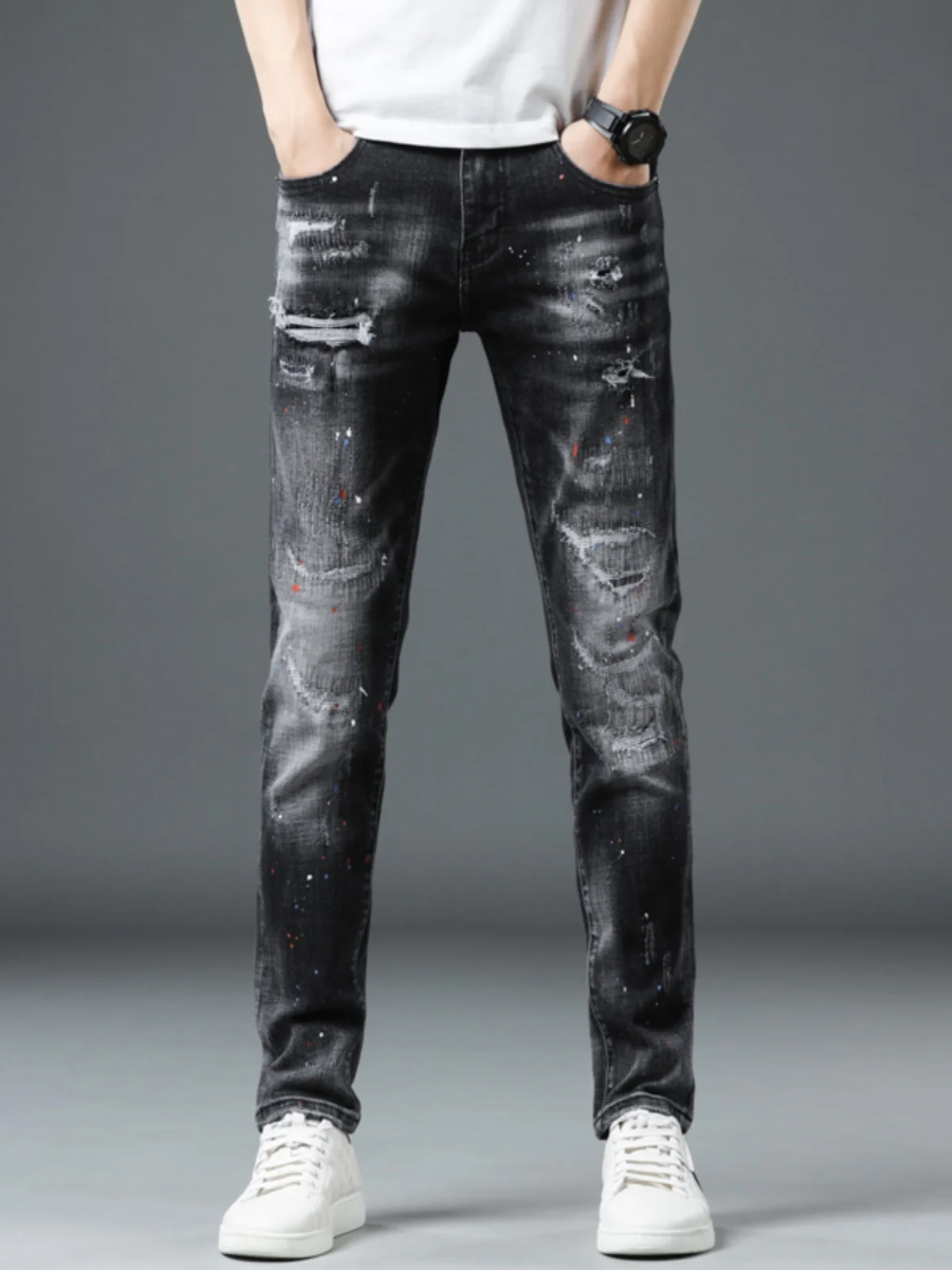 

High-End European Style Men's Jeans Black Painted Hole Punching Slim Fit Elastic Casual Cotton Stretch Denim Spring Trendy Brand