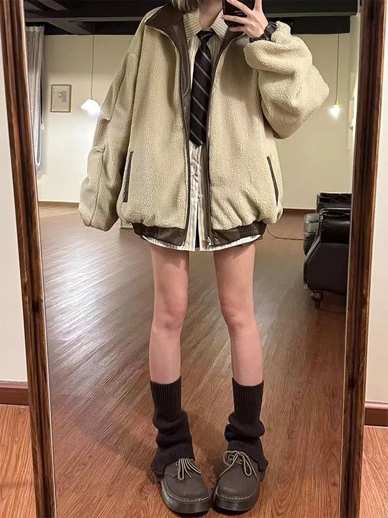 Reversible Brown Women Pu Jacket Sherpa Lined Coat Zip Up Fleece Oversized Retro Moto Streetwear Y2K Winter Outerwear Top