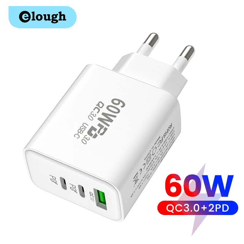 Pengisi Daya USB 60W Eleugh 3Port PD Tipe C Pengisi Daya Cepat 3.0 Adaptor Ponsel untuk iPhone 14 13 Samsung Xiaomi Poco F3 Steker Ue/AS