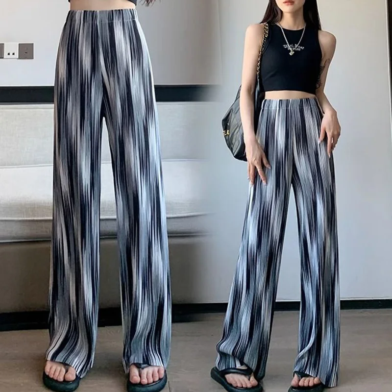 Lady Ice Silk Tie Dyed Gradient Color Wide Leg Pants Personalized Fashion Summer High Waisted Pit Strip Loose Drape Mop Trousers