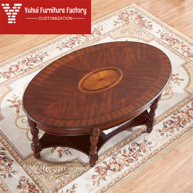 American Retro Oval Living Room Solid Wood Coffee Table, European Style Small Apartment Round Coffee Table, Café Corner Table